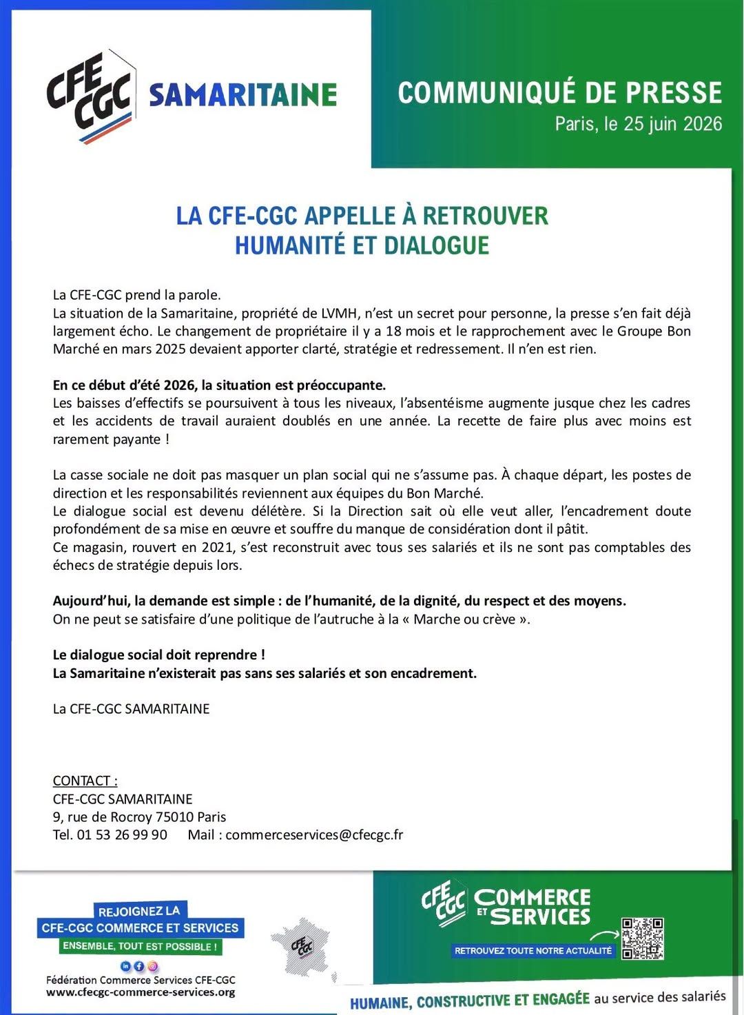 La CFE-CGC alerte sur la situation préoccupante de la Samaritaine,